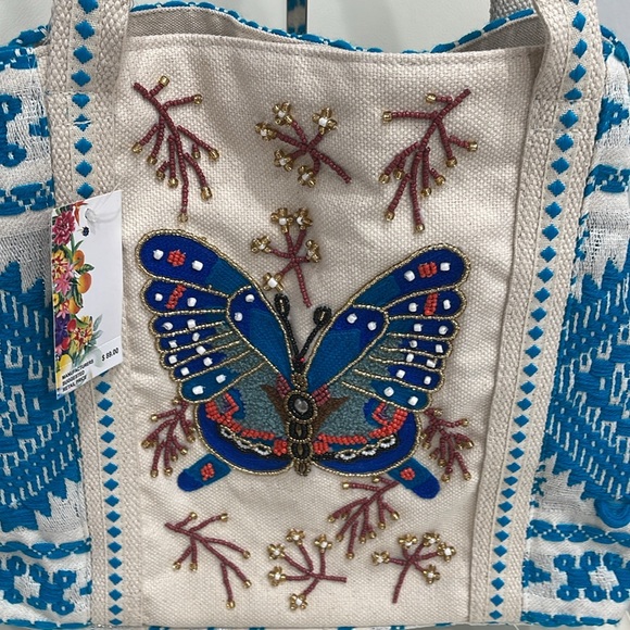 America & Beyond Cream/Blue/Turquoise Sparkly Beaded "Butterfly" Tote Bag - Picture 3 of 7